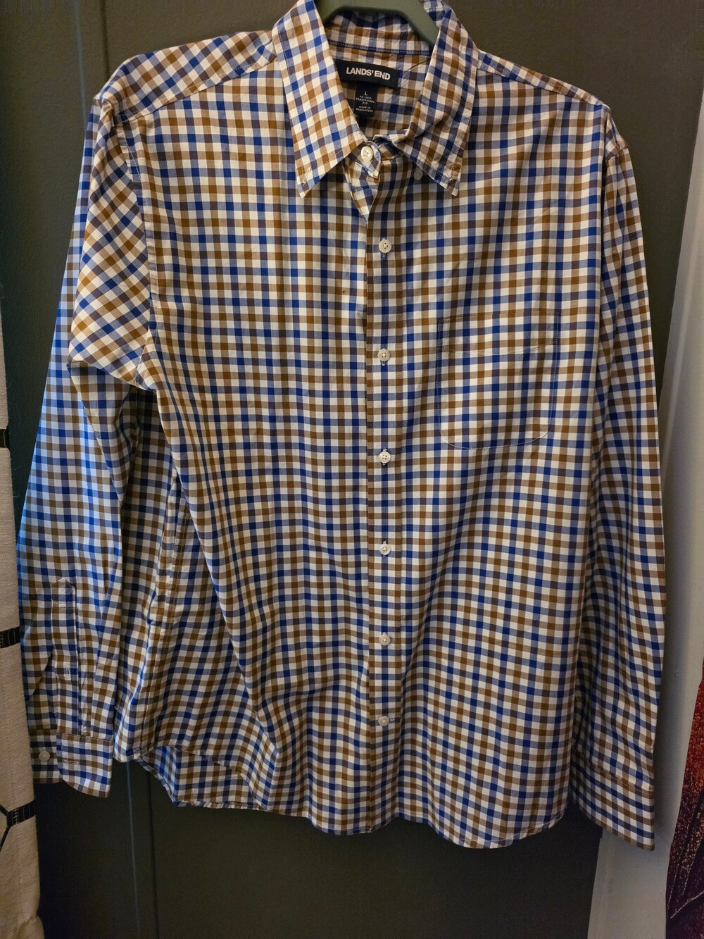 Lands' End Large Long Sleeve Button Up Shirt Blue Brown White Checkered